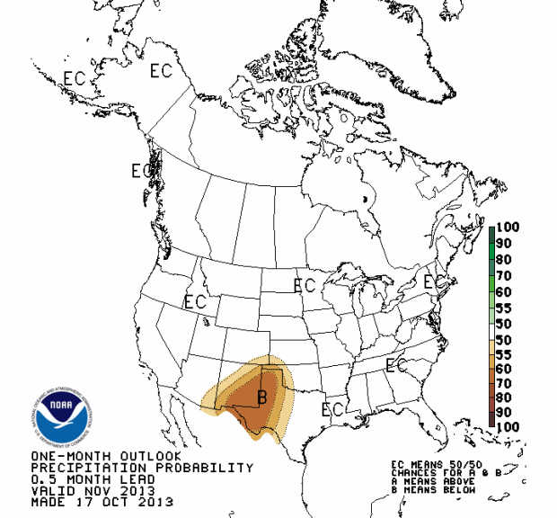 Precipitation forecast for November 2013 showing near average precipitation for most of the USA and below average precipitation for Western Texas and New Mexico