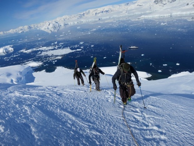 The final push to the top.  There is our ship in the bay below.  photo:  Chris Davenport