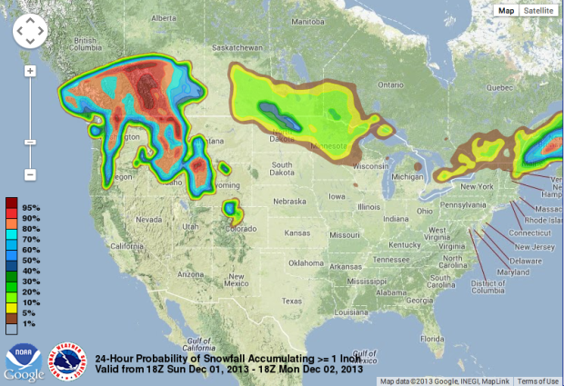 Map showing Northern Rockies have high probability for snow on monday.