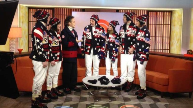 USA uniforms modeled by: figure skater Evan Lysacek, hockey player Julie Chu, ice dancers Charlie White and Meryl Davis, and freestyle skiers Hannah Kearney and Alex Schlopy.