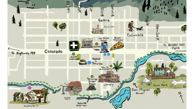 Map showing the 4 dispensaries downtown in Telluride.   image:  outside mag