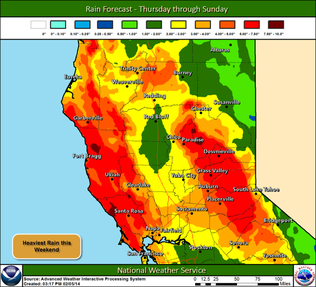 4-8" of liquid forecasted by Monday in the Sierra.