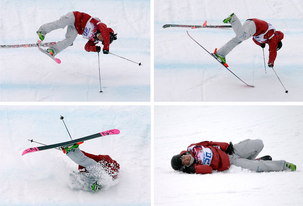 In ski slopestyle, Yuki Tsubota of Canada cartwheeled violently after a jarring landing, her knee smashing her jaw. photo: Associated Press