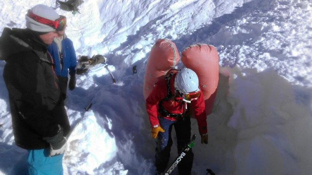 Amie Engerbretson after being buried wearing her avalanche airbag backpack.  