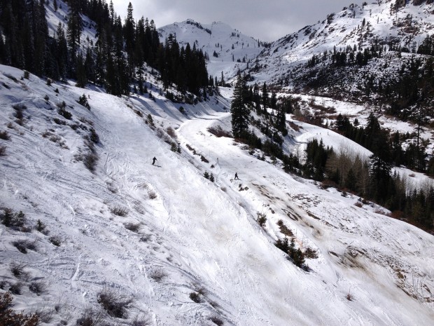 A patroller shoveling snow onto the Mountain Run on Monday at Squaw.  photo:  snowbrains.com