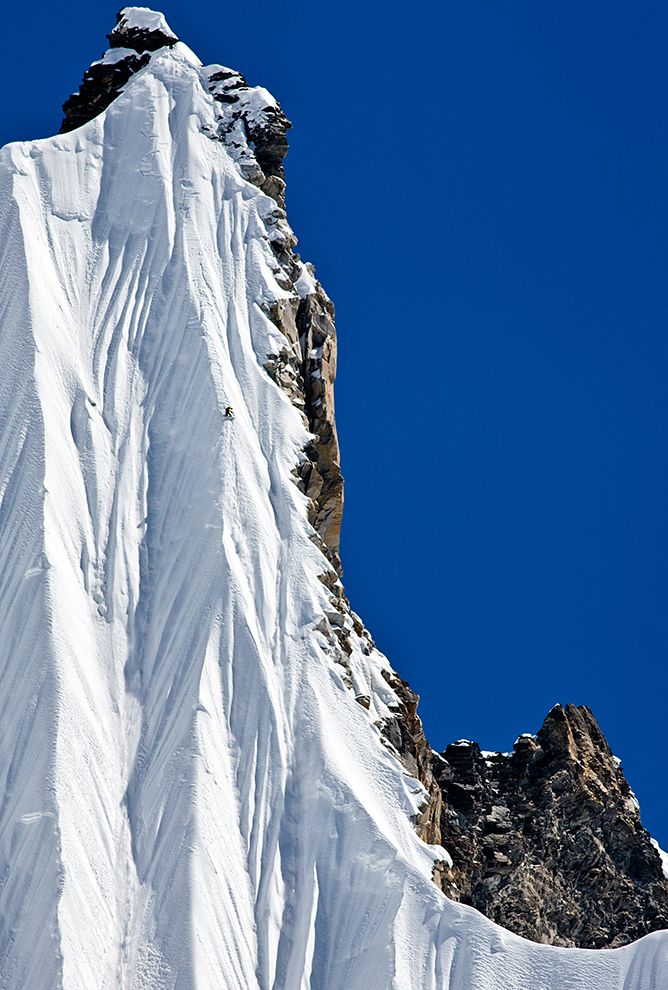 Jeremy Jones riding quite possibly the steepest spine ever ridden on a snowboard