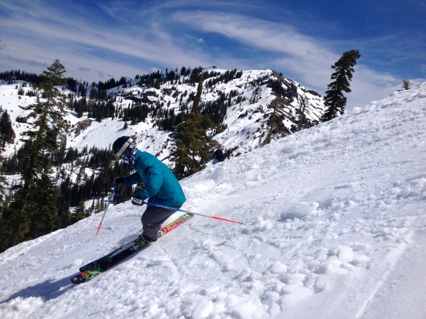 Skiing East Face off the Disney chair with Lincoln in the backgroud.