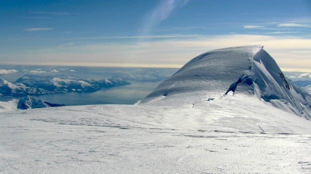 Upper Colony glacier (8,500ft) looking down at Prince William Sound (0ft)