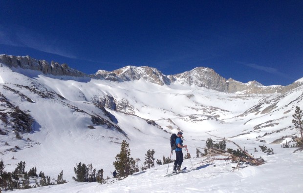 Alec Sandberg on the ascent with Mt Conness in the background: