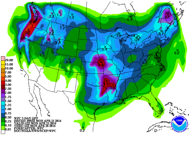 7 day precipitation forecast for the USA showing tahoe somewhere around 1-2 inches of precip which =s about 1-2 feet of snow.