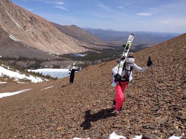 A few spots without snow...  The bootpack back up after the first run.