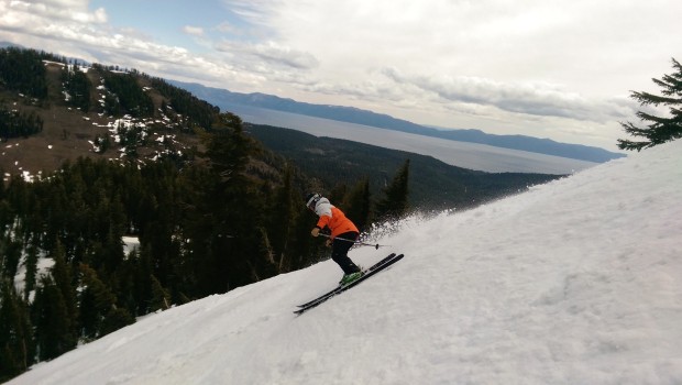 Skiing and a lake