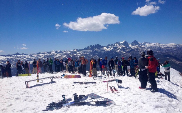 Party snowball fight at the top of Mammoth today