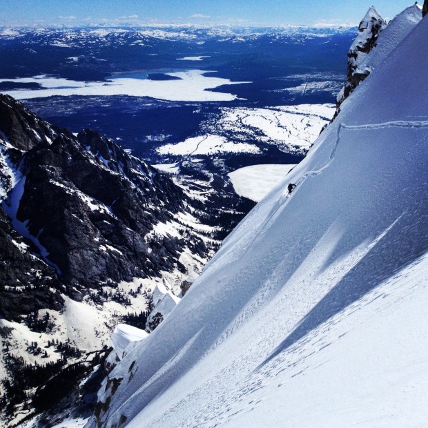 Greg Collins skiing steep pow, above enormous cliffs on Mt. Owen, May  13.