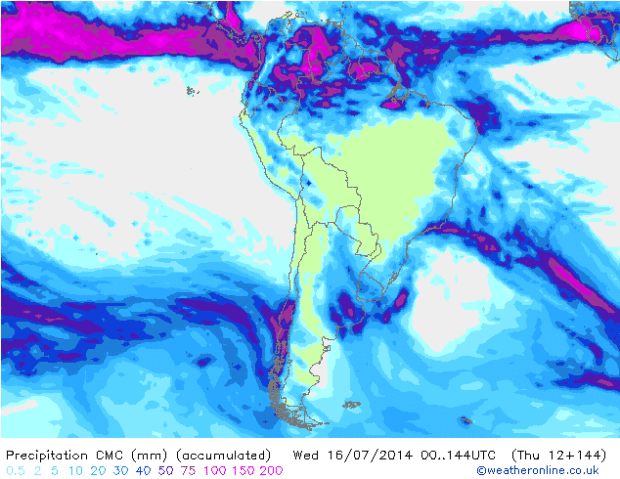 This is the total precipitation for the next 144 hours for Northern Andes. It shows 18-24 inches from Las Lenas north to Portillo.