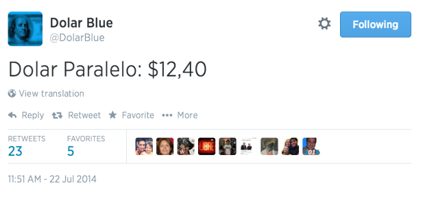 Blue dollar rate as of July 22nd, 2014
