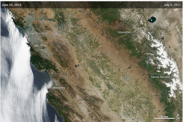 California Snowpack. June 24th, 2014 on the left. July 2nd, 2011 on the right.