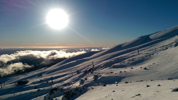 The sun shines over Turoa on a beautiful bluebird day