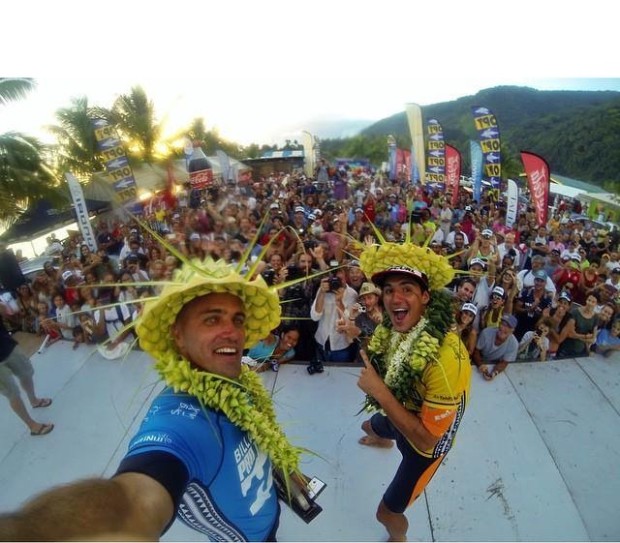 Kelly Slater and Gabriel Medina on the Championship stage on Monday