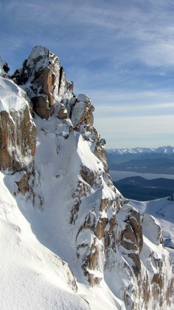 One of many La Laguna spires and Lake Nahuel Huapi.  photo:  snowbrains.com