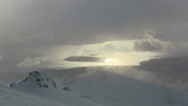 Wind swell on lake Nahuel Huapi today.  Bright spot is a wind shadow behind Atomic Island.