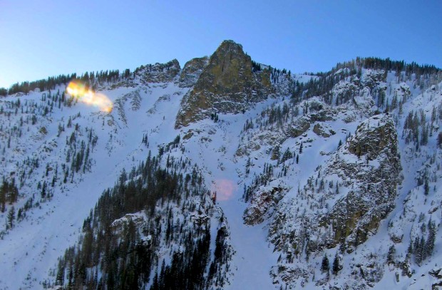 Granite Canyon, Jackson Hole.  Big terrain into a fierce terrain trap.  Scary avalanche terrain.