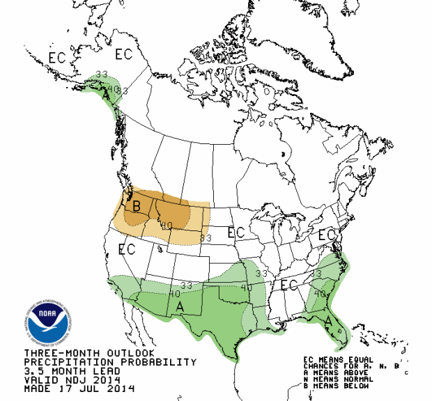 NOAA's precipitation forecast for November, December, and January 2014/15 showing above average precipitation in the southern part of the USA and below average precipitation in the Pacific Northwest.