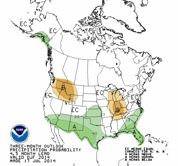 NOAA's precipitation forecast for November, December, and January 2014/15 showing above average precipitation in the southern part of the USA and below average precipitation in the Pacific Northwest. NOAA's precipitation forecast for November, December, and January 2014/15 showing above average precipitation in the southern part of the USA and below average precipitation in the Pacific Northwest.