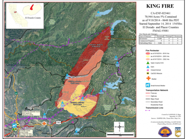 Sept 16th fire size in yellow.  Sept. 17th in orange.  Sept. 18th in red.