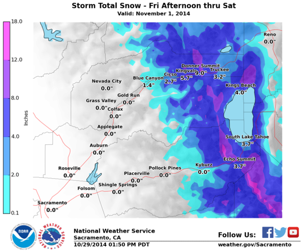 Snow totals in Tahoe thru November 1st.
