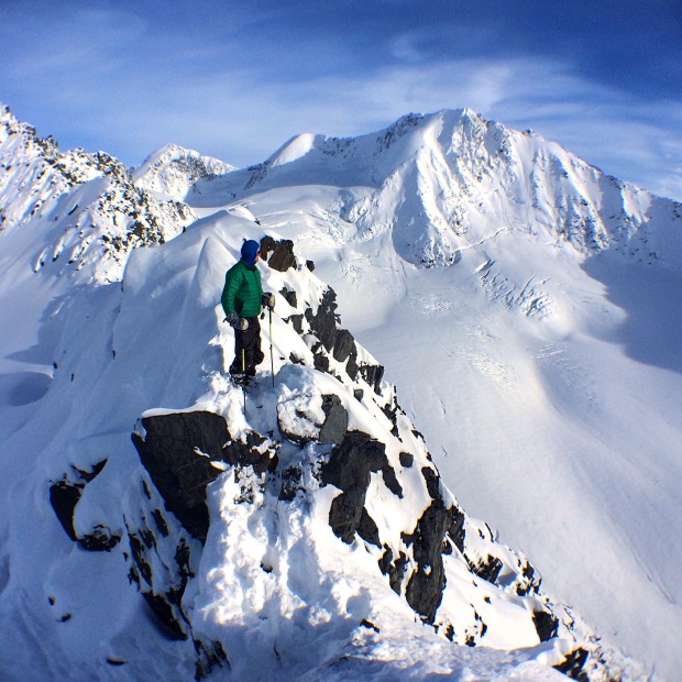 Standing at the top of Jewel Headwall. Milk Glacier in the background