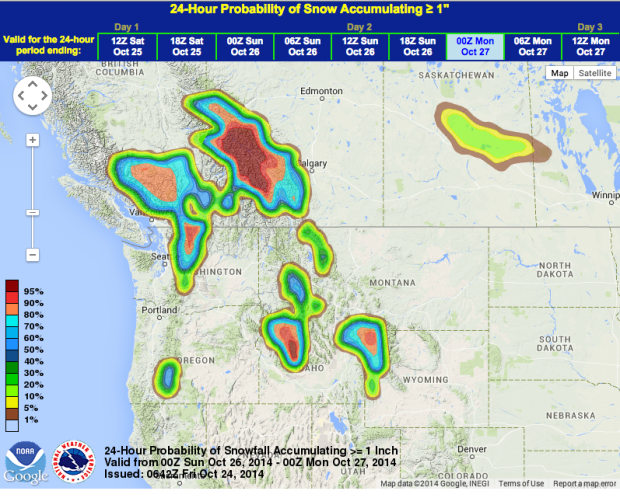 Snow forecast thru Monday showing snow in Wyoming and more.