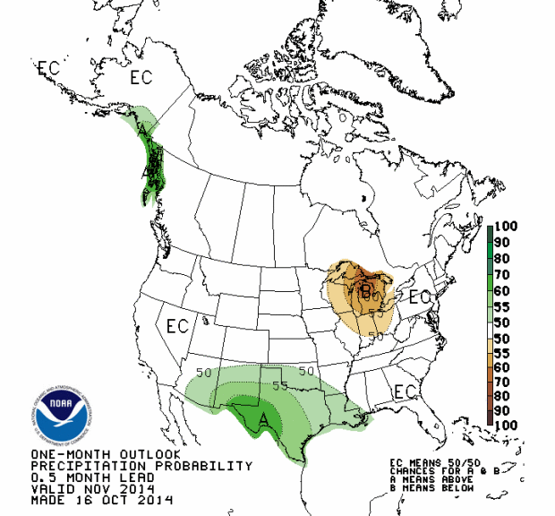 November precipitation outlook by NOAA showing above average precipitation in Arizona, Texas, New Mexico, and Oklahoma.