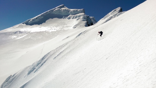 Terrifying icy traverse in the background. Lucas ripping glorious corn in the foreground.