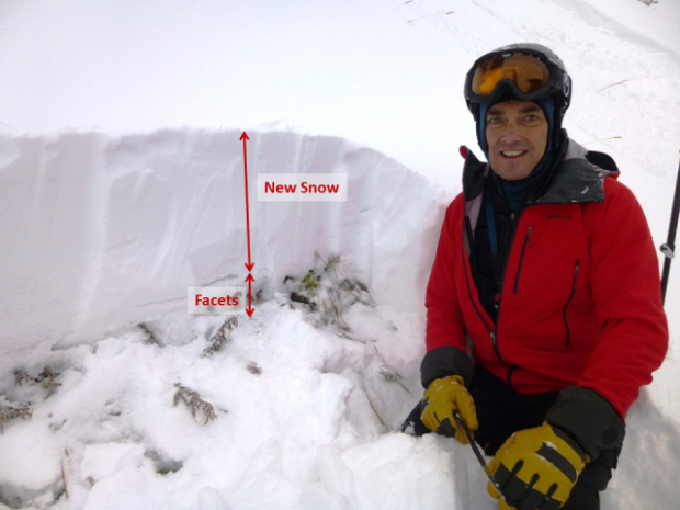 This was taken this morning (Wed) at Bridger Bowl after we issued an Avalanche Warning.  Over 3 inches of SWE got piled onto a base layer of facets.  This layer is breaking very, very easily. I was able to get entire slopes to fracture and whumph with simple ski turns.  Photo: GNFAC