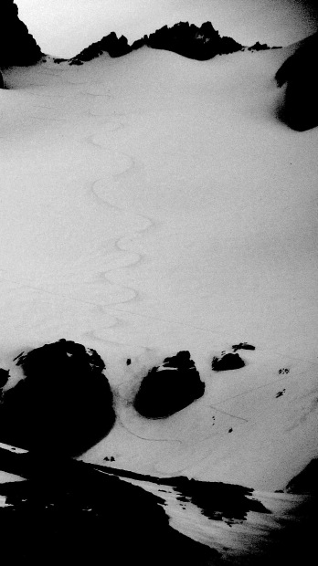 My tracks coming down 2-4" of pow on the Martial Glacier zone yesterday