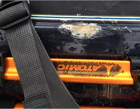 The core shot that the falling rock gave my skis today.