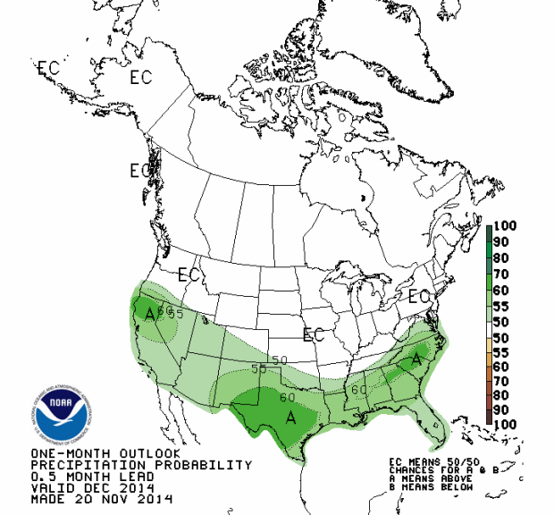 This graph shows much of the Western USA receiving above average precipitation in the month of December.  CA, NV, AZ, NM, CO, UT, and OR are all forecast to receive above average precipitation in December.