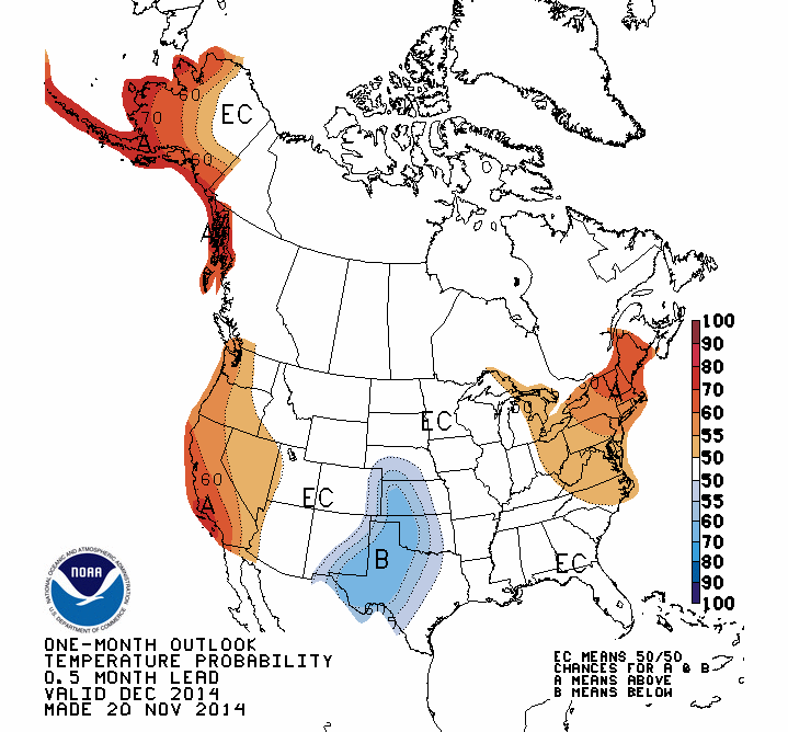 This graph shows above average temperatures forecast in December for the West Coast, the NorthEast, and nearly all of Alaska.