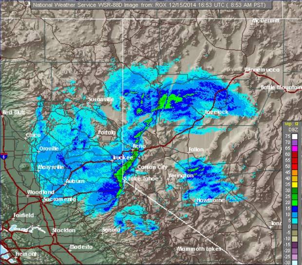 Current Radar showing snow hitting Lake Tahoe.