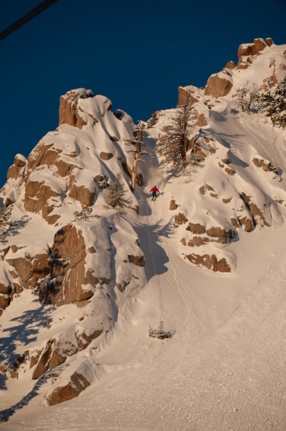 JT Holmes dropping a chute in the Broken Arrow zone of Squaw.  photo:  Hank deVre