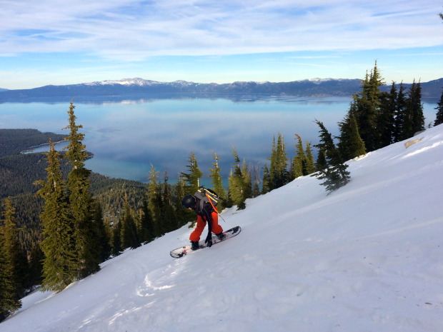 Sasha Zebb shredding dust on crust high on the west shore. The snow got good just below this.