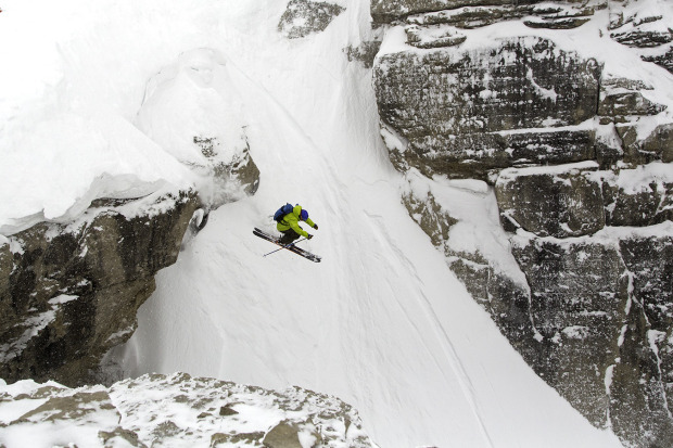 SnowBrains contributer Bryce Newcomb hucks himself into Corbett's Couloir last week.  photo:  jackson hole