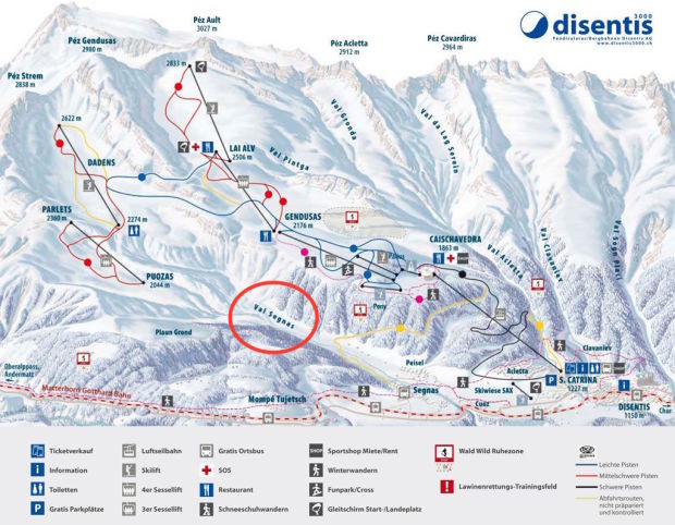 Disentis ski resort trail map with the Val Segnas - where the avalanche occurred - circles.  
