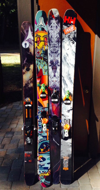 Four different models of skis I have for sale: Bentchetler, Atlas, Automatic, Ritual.