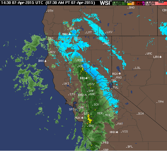 The cold pacific storm hitting Tahoe today at 8am. Blue represents snowfall.
