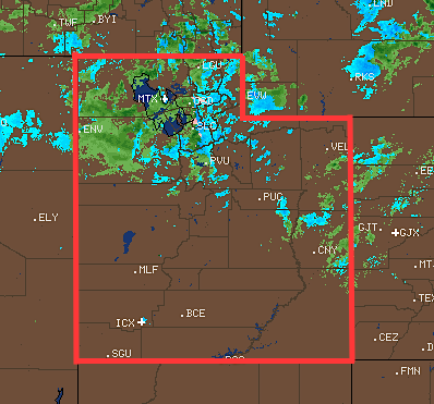 Utah radar showing the storm hitting at 2pm. Blue = snow