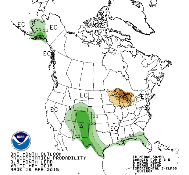 NOAA's precipitation outlook for May shows above average precipitation for Utah, Colorado, New Mexico, and Texas.  NOAA's precipitation outlook for May shows below average precipitation for the Great Lakes Region.