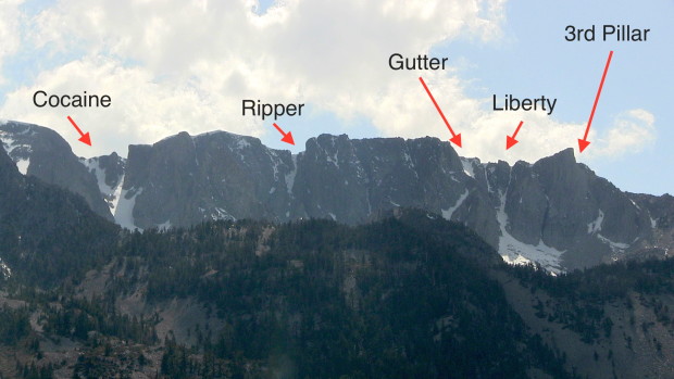 The Dana Plateau Couloirs labeled.  Yesterday.