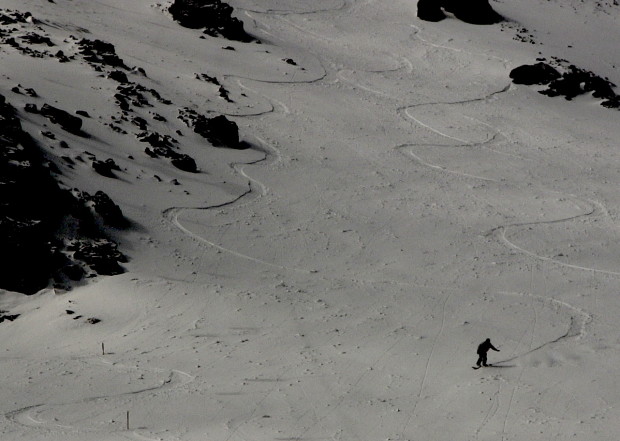 Snowboarder coming down Chair 23 zone yesterday.